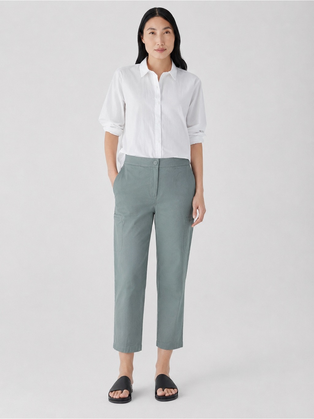 Eileen Fisher Stretch Cotton Cropped Utility Pants – Size Large Green
